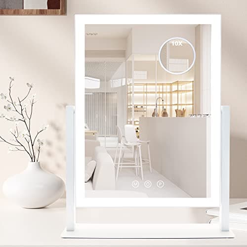 SLIMOON Lighted Makeup Mirror, Detachable 10X Magnification Mirror, 3 Color Lights, 1000mAh Rechargeable Makeup Mirror with Lights, Touch Control