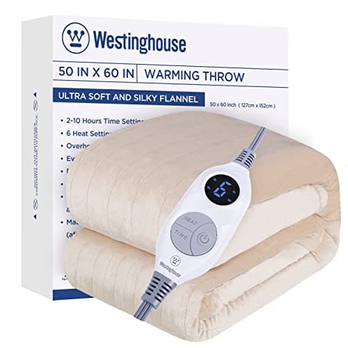 Westinghouse Electric Blanket Heated Throw, Super Cozy Soft Flannel 50"" x 60"" Heated Throw with 6 Fast Heating Levels & 2-10 Auto-Off, Machine Washable, ETL&FCC Certification, Home Office Use, Beige
