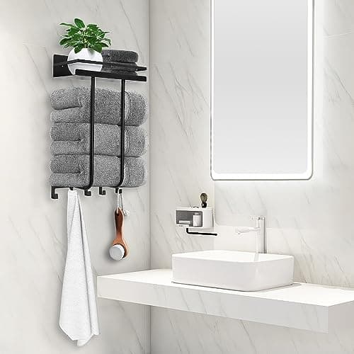 Towel Racks for Bathroom, Towel Rack Wall Mounted with Metal Shelf and 5 Hooks for Small Bathroom, Towel Holder for Bathroom, Bath Towel Storage for Rolled Towels Organizer, Black 7