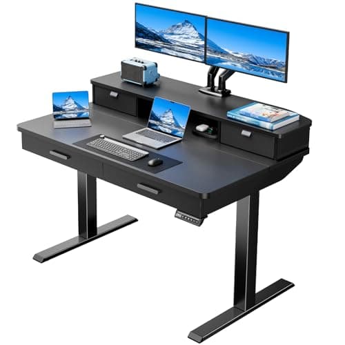 HUANUO 48 x 30 inch Electric Standing Desk with Wood Drawers, Adjustable Height Sit Stand Home Office Desk with Two Tiers, Ergonomic Adjustable Stand up Desk C-Clamp Monitor Mount Compatible, Black