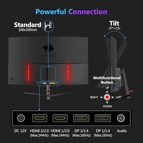 Z-Edge 27 inch Curved Gaming Monitor, QHD 1440P 165Hz 144Hz Curved 1500R Computer Monitor, MPRT 1ms Monitor Gaming, 16.7M Colors, UG27Q Frameless Bezel, 2X DP 1.4 Ports and 2X HDMI 2.0 Ports 7