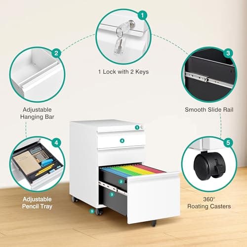 3 Drawer File Cabinet with Wheels,Under Desk File Cabinet with Lock,White Rolling Filing Cabinet,Three Drawer Metal Filing Cabinets for Home Office,Fit A4/Letter/Legal,Fully Assembled Except Casters 6