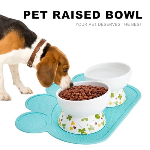 Howise Ceramic Elevated Cat Food and Water Bowls - 2 Pack Small Dog Feeding Set With Tilted Design and Anti-Slip Silicone Mat 7