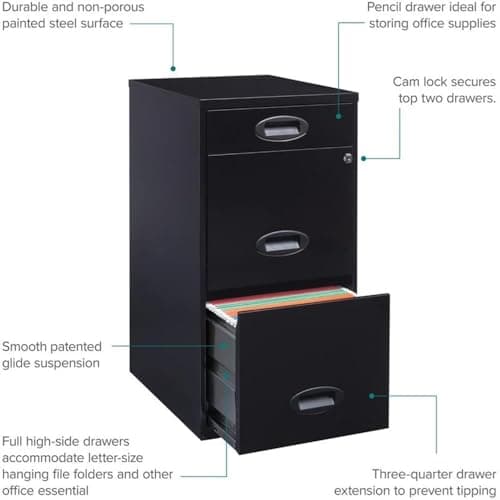 Hirsh Space Solutions 27" H x 14" W 3-Drawer Modern Metal File Cabinet with Pencil-Drawer, High-Sides, Letter Size, for Small Office/Home Office, in Black Finish 9