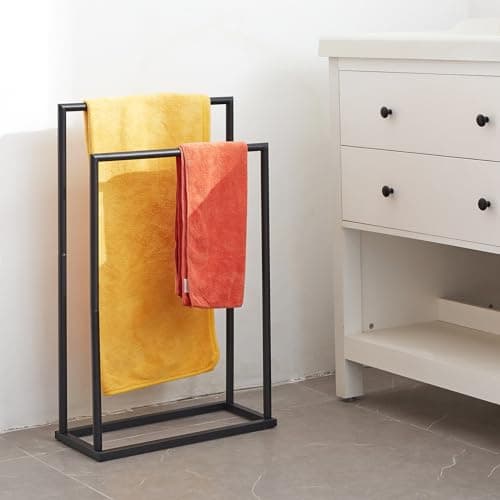 Free Standing Towel Rack, 2 Tier Towel Racks for Bathroom with Storage Shelves, Modern Outdoor Standing Towel Drying Rack for Poolside, Black Blanket Rack Holder, DECLUTTR 9