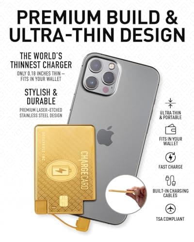 AquaVault ChargeCard – Ultra Slim Emergency Power Bank (2300mAh) – Fits in Wallet – USB-C & Micro-USB – Durable Steel Body – Flight-Safe for iPhone 12-17 & Android - Gold 3