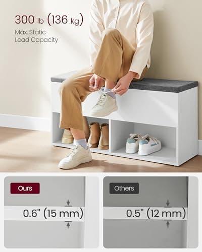 VASAGLE Shoe Storage Bench with Cushion, Entryway Shoe Rack Bench with Storage, 2 Open and 1 Hidden Compartments, for Living Room, Bedroom, White and Gray ULHS021W01 6