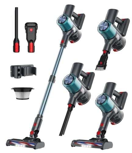 GGV Cordless Vacuum Cleaner, 60 Mins Runtime Vacuum Cleaners for Home, Stick Vacuum Self-Standing, Wall Mount Charging, 3 Mode Handheld for Pet Hair/Carpet/Floor