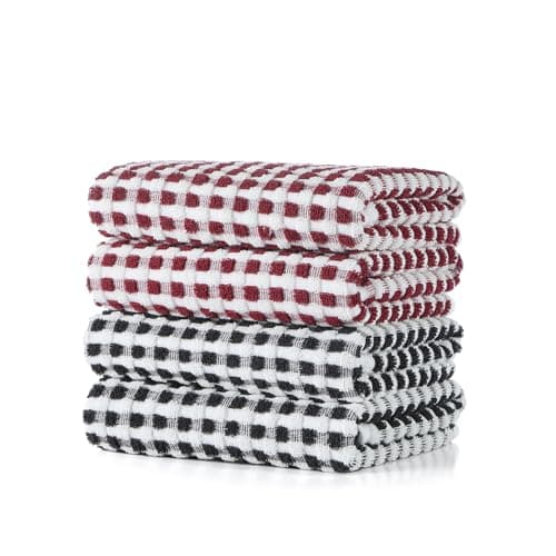 SALAS Cotton Dish Towels Cloths for Kitchen Drying Dishes, Lattice Terry Kitchen Towels, Absorbent Cloths with Hanging Loop, 16‘’ x 26‘’, 4 Packs, Wine Red and Black