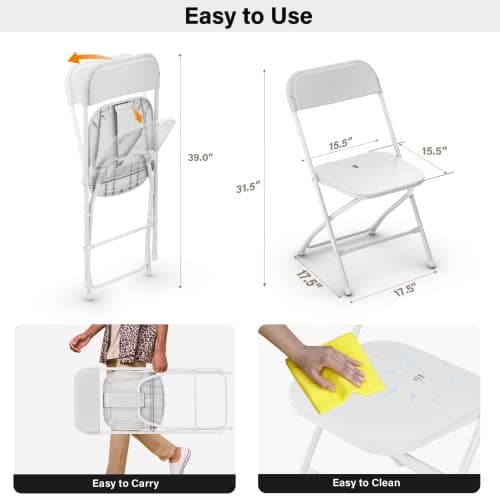 VINGLI White Plastic Folding Chairs, Set of 2, Heavy-Duty Commercial Seats with Steel Frame, 350 lb Capacity, for Indoor & Outdoor Events, Office, Wedding, Party & Dining (2, White, S) 3