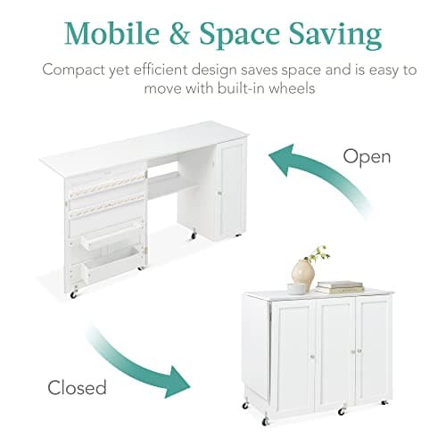 Best Choice Products Large Folding Sewing Table, Multipurpose Portable Craft Station & Side Desk w/Compact Design, Caster Wheels, Storage Shelves, 2 Storage Trays, Magnetic Doors - White 5