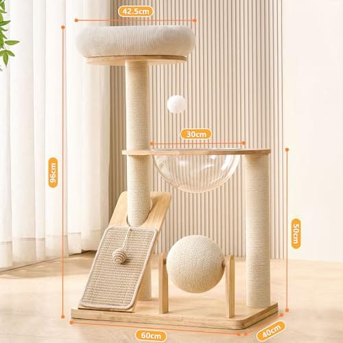HITTITE Solid Wood Cat Tree Tower with Scratching Post, 37.8 Inches Tall Cat Towers with Scratching Board and Scratcher Ball, Modern Cat Tower With Space Capsule and Removable Top Bed for Indoor Cats. 8