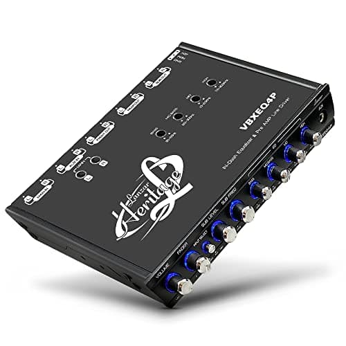 Lanzar 4 Band Parametric Equalizer - 7V RMS Output with Subwoofer Gain Control, Half Din Size 7 x 4.1 x 1 in, Pre-amp Line Aux Inputs Via RCA & Phone Jacks, Blue Light, DC 12V with Remote Trigger