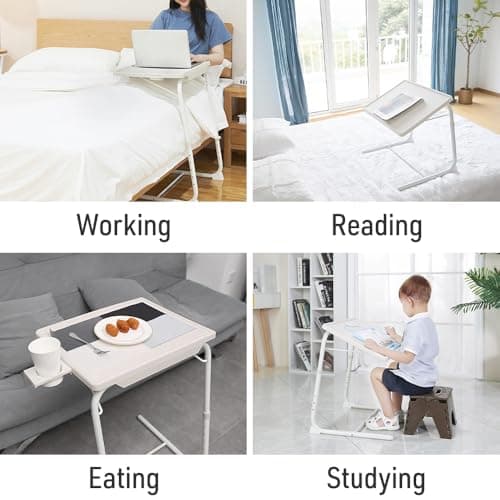 Japard Folding TV Tray Table, Small Bedside Sofa Dinner Table with Cup Holder, Adjustable 6 Height & 3 Tilt Angle (TV Tray White) 8