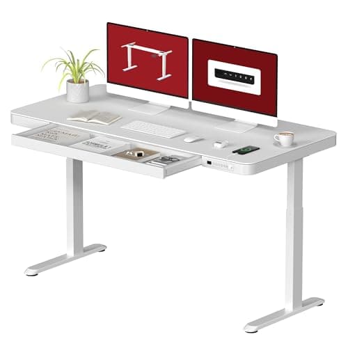 Standing Desk with Drawer, Electric Height Adjustable Home Office Desk with Storage & USB Ports, 55 inch White Wood Tabletop/White Frame