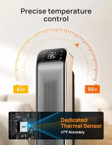 DREO Space Heater Indoor, 25" 11.5ft/s Fast Portable Room Heater with Remote and Thermostat, 3 Modes, Overheating & Tip-Over Protection, Electric Heaters for Indoor Use Large Room, Bedroom, Gold 7