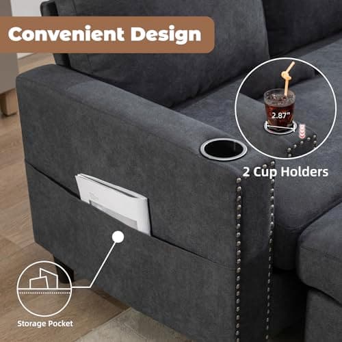 Siiejia Convertible Sectional Couches for Living Room, L-Shaped Couch 3 Seats Sofas with Storage Chaise & 2 Cup Holders, Small Sofa for Apartment, Compact Spaces, Dark Grey 5