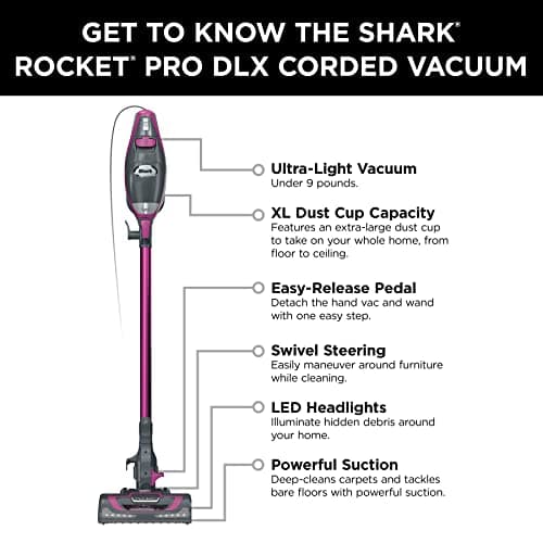 Shark HV371 Rocket Pro DLX Corded Stick, Removable Hand Vacuum, Advanced Swivel Steering, XL Cup, Crevice Tool, Upholstery Tool & Anti-Allergen Dust Brush, Fuchsia, Capacity 12