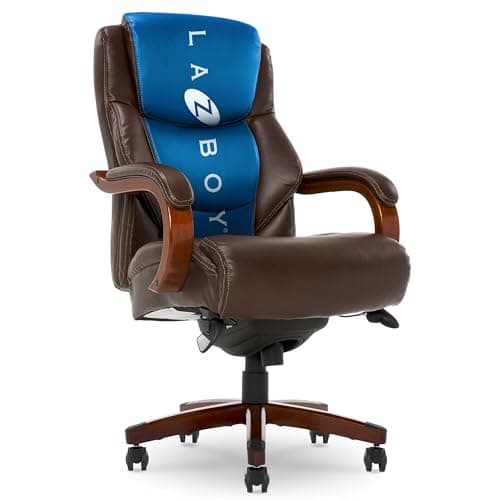 La-Z-Boy Delano Big and Tall Executive Office Chair - Ergonomic Lumbar Support Memory Foam - Bonded Leather Desk Chair for Home Office - Mahogany Wood Arms - Chestnut Brown