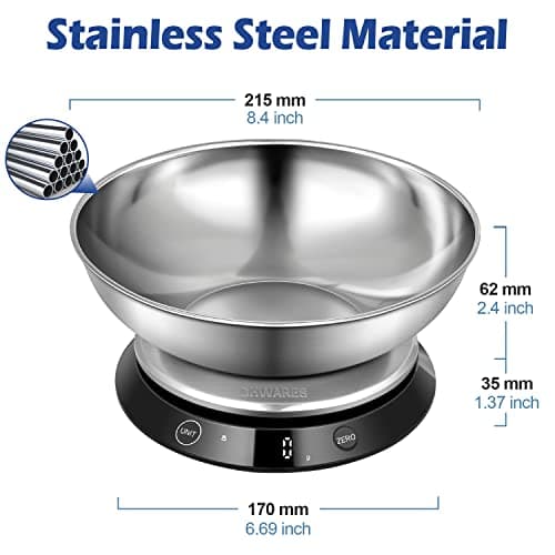 CHWARES Digital Kitchen Food Scale with Bowl Stainless Steel, Rechargeable Digital Scales Grams and Ounces for Weight Loss, Dieting, Baking, Cooking, and Meal Prep, 11lb/5kg, 0.1oz/1g 5