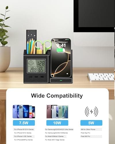 Multifunctional Pen Holder and Organizer for Desk with Wireless Charger, Digital Indoor Thermometer and Humidity Gauge, Home Office Organizers and Storage (Battery Included) 6