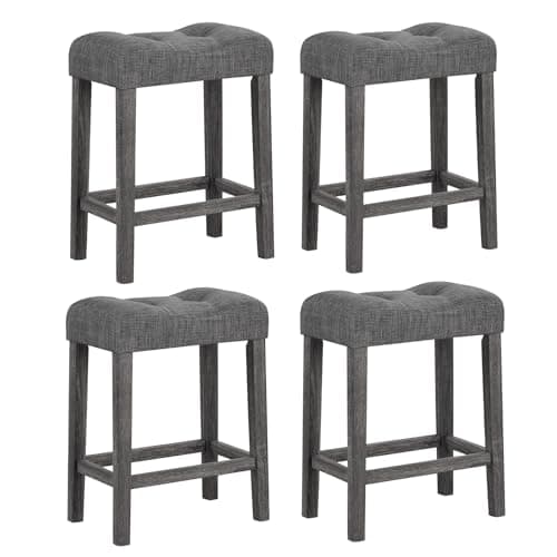 Giantex 24" Bar Stools Set of 4, Backless Counter Height Saddle Bar Stools w/Padded Seat, Solid Rubber Wood Legs, Farmhouse Linen Fabric Upholstered Barstools for Kitchen Counter Island, Cafe, Gray