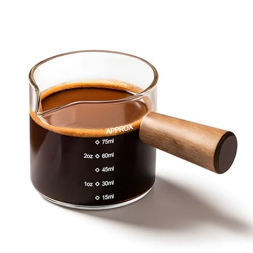 YARRAMATE 2.5 oz/75ML Espresso Shots Cup with Wood Handle, Clear Glass Espresso Measuring Cup with Dual Scale, Shot Glass with Single Spout, Dishwasher Safe