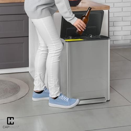 CAPHAUS Dual Trash Can with Lid, Trash and Recycling Bins Combo for Kitchen, Hands-Free Stainless-Steel Garbage Can with 2 Compartment, Hinged Lid, Odor Filter, Handles, 25L+25L, 2 x 6.6 Gallon 9