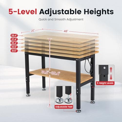 ENJOYWOOD 48 Inch Work Table for Garage Adjustable Height Rubber Wood Tabletop Workbench with Storage Work Bench Table with Power Outlets Pegboard Pad for Woodworking Shop Home Office 7