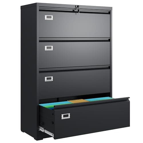 DEVAISE 4 Drawer Lateral File Cabinet with Lock, Metal Filing Cabinets for Home Office, 16" D x 35" W x 52" H Wide Storage Organization for Hanging Files Letter/A4/Legal/F4 Size, Black