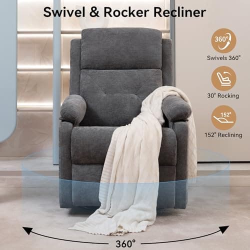 Swivel Rocker Recliner Chair with Adjustable Backrest and Footrest, Ultra-Comfy Fabric Reclining Chair, Glider Recliner with Lumbar Support & Overstuffed Arms, Chairs for Living Room (Grey) 5