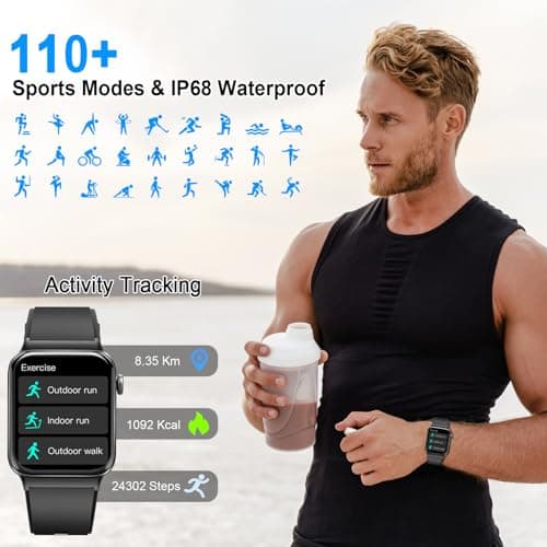 Smart Watch for Men Women, 1.85" Smartwatch (Answer/ Make Call), IP68 Waterproof Fitness Tracker, 100+ Sport Modes, Heart Rate Monitor, Sleep Monitor, Pedometer, Smartwatches for Android iOS, Black 6