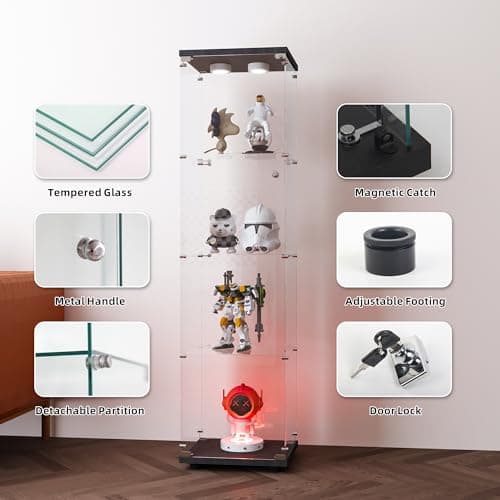 FANYUSHOW Display Cabinet with Glass Door and LED Light, 4-Tier Tempered Glass Display Shelf, Glass Curio Cabinet Collection Display Case, Display Case Cabinet, Black 64.7" H x 16.7" L x 14.37" W 5