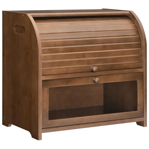 HOOBRO Bread Box, Bamboo Bread Box for Kitchen Countertop, 2 Tier Roll-Top Bread Bin, Food Storage Box, Large Capacity Keeper, Wooden Storage Cabinet, for Kitchen, Dining Room, Brown BR13MB01