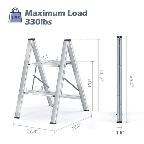 KINGRACK Aluminium 2 Step Ladder with Wide Steps, Lightweight Folding Ladder, Portable Slim Step Stool, Safety Household Ladder Stepladder with Multi-Function, 330lbs Load Capacity, Silver 7