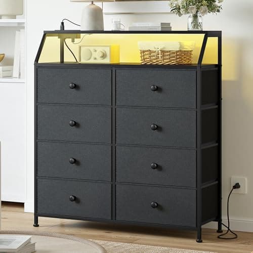 REAHOME Dresser for Bedroom with Charging Station and LED Lights, Black Tall Chest of Drawers with Shelf, 2Pcs Wooden Top, Large Storage Organizer Unit for Closet, Living Room, Entryway