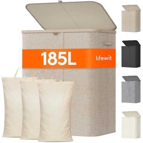 Lifewit 185L Large 3 Section Laundry Hamper with Lid, Plastic Laundry Basket with Bamboo Handles and Removable Bags, Tall Foldable Clothes Hamper for Bathroom Bedroom, Beige