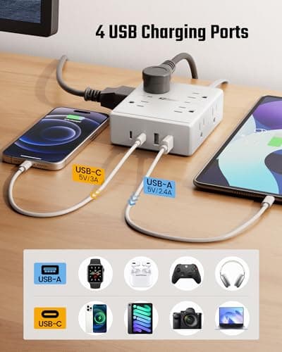 10Ft Extension Cord with Multiple Outlets, Flat Plug Surge Protector Power Strip 10 Ft Long Cord, 8 Outlets & 4 USB Ports (2 USB C), Desk Charging Station for Home Office, College Dorm Room Essentials 5