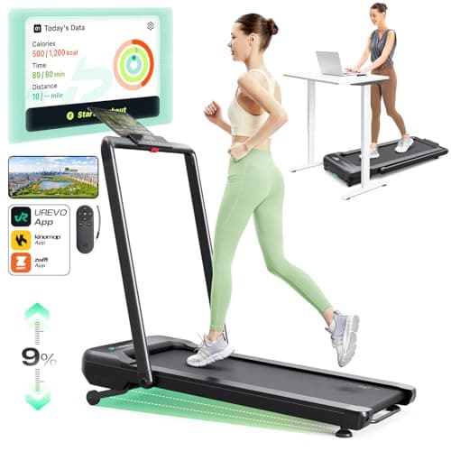UREVO Smart Treadmill with 9% Incline, 3-in-1 Foldable Treadmill with Handle for Home/Office Fitness, Runner-Focused Design, 6 HIIT Programs & Auto Incline Follow Mode, 2 Display Screens, Plug & Play