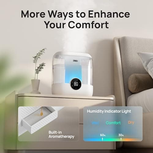 DREO 6L Top Fill Humidifiers for Bedroom, 60H Runtime 28 dB Quiet Supersized Cool Mist Air Humidifiers for Large Room, Baby Nursery, Plant, Indoor, Night Light, Easy to Clean, Precise Humidity Control 6