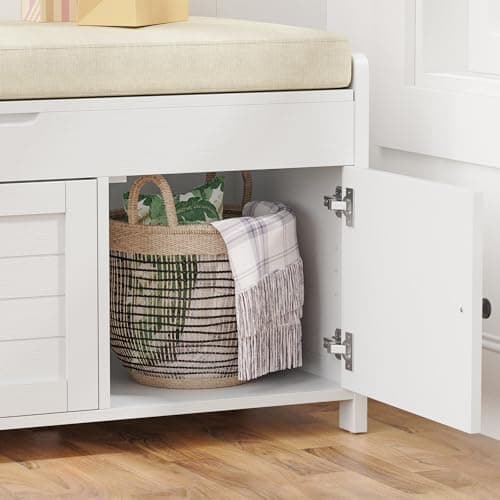 43.5" Shoe Storage Bench for Entryway, Bench with Shoe Storage, Storage Bench with Cushion and Hidden Storage, Shoe Bench with Storage for Entryway, Hallway, Mudroom and Living Room, White 7