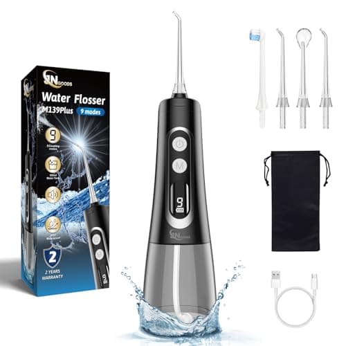 JNGOODS Water Dental Flosser Oral irrigator,JNGOODS 300ml Rechargeable Water flosser for Teeth IPX7 Waterproof 9 Modes Portable Oral Irrigator. LED Display with 4 Jet Tips, Travel Home use (Black)