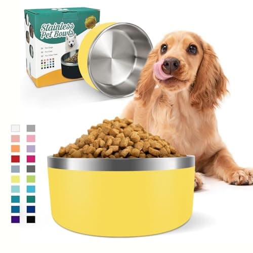 IKITCHEN Dog Bowl for Food and Water, 64 Oz Stainless Steel Pet Feeding Bowl, Durable Non-Skid Insulated Heavy Duty with Rubber Bottom for Medium Large Dogs (64 Ounces/8 Cup, Deep Yellow)