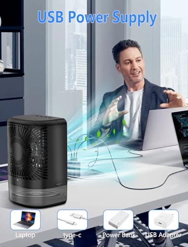 Small Portable Air Conditioners for Bedroom, Orvina 800ML Evaporative Air Cooler Fan with 7 Colors Light, Cool Mist & 2/4H Timer, 3 Speeds, Mobile Personal Air Conditioners (Black) 7