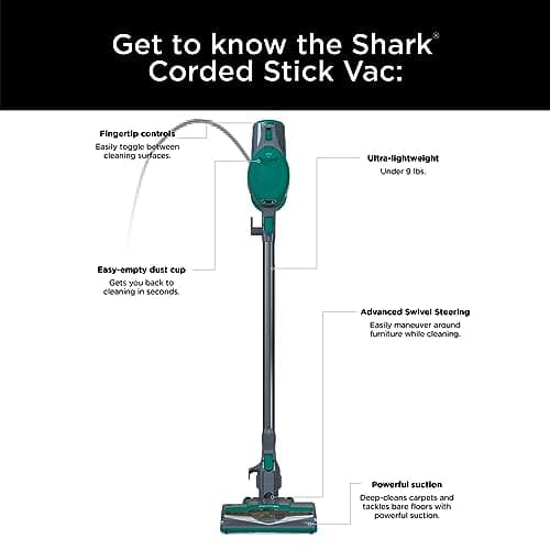 Shark CS110 Ultra Lightweight Corded Stick Vacuum with Easy Empty Cup, Fingertip Controls, Powerful Suction and Advanced Swivel Steering Over Hardwood Or Carpet (Emerald) (Renewed) 5