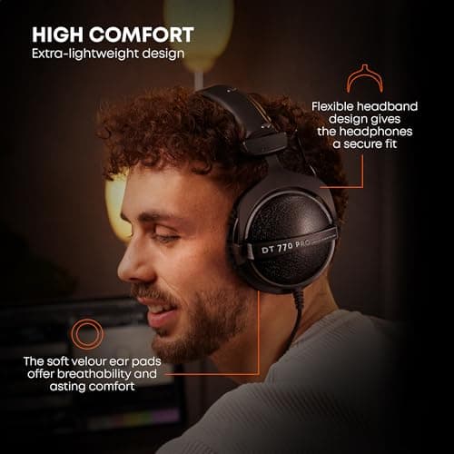 beyerdynamic DT 770 PRO, 250 Ohm, Closed Back, Over Ear, Wired Professional Studio Headphones, Audio Monitors, 3 m Coiled Cable, Black with Grey Velour Ear Pads 6