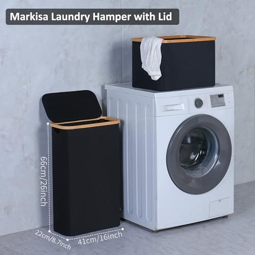 Merkisa 60L Slim Laundry Hamper,Laundry Basket with Lid,Tall Hamper for Laundry,Dirty Cloth Hamper with Bamboo Handle for Toys,Towels, Clothes Organizing,Black 7