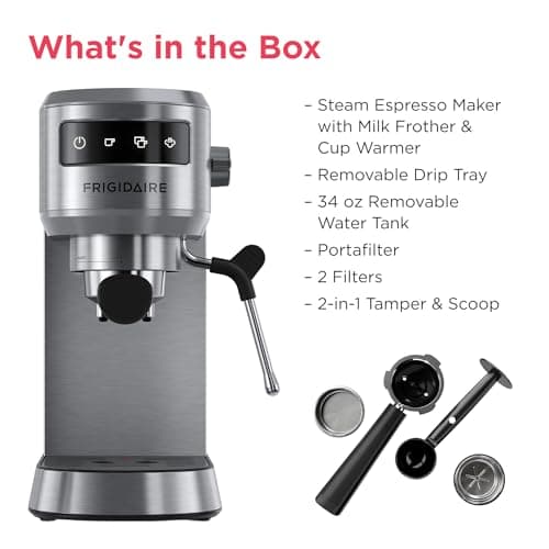 Frigidaire Steam Espresso Maker, Coffee Machine with Milk Frother & Cup Warmer, 20 Bar Pressure, 34 oz Removable Water Tank, Single or Double Shot, Stainless Steel 2