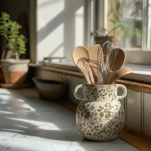 JIEMEI HOME Kitchen Utensil Holder with Handle, 6.85" Stable Pastoral Floral Ceramic Utensil Crock for Countertop, Utensil Organizer with Cork Bottom, Spatula Holder For Kitchen Decor, Green and Beige 7