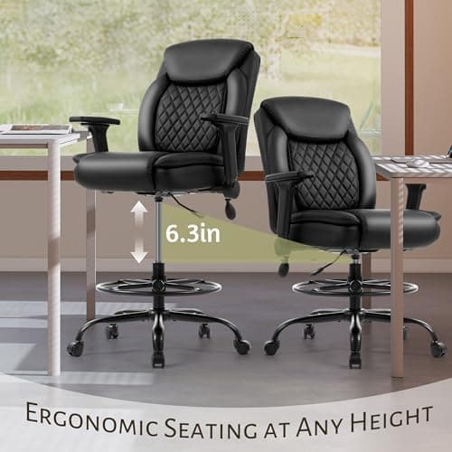 Drafting Chair,Executive Tall Office Chair Flip-up Armrests for Counter Height Desk Drawing Use,High Task Chair with Adjustable Foot Ring & Inflatable Lumbar Support, Swivel Computer Stool,PU Black 5